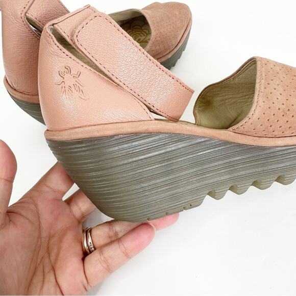 Fly London Size 37/US 6.5-7 Yake Pink Rose Perforated Leather Wedge Sandals - Picture 3 of 11